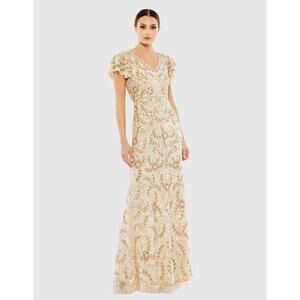 Mac Duggal Embellished Ruffled Cap Sleeve V-Neck Gown Size 12 NWT #10772 Sequins